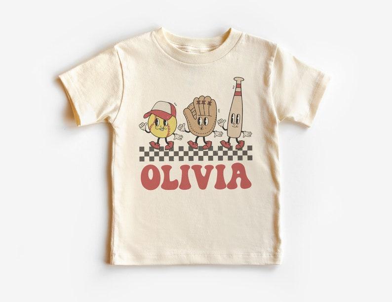 Personalized Softball Toddler Shirt, Retro Softball Bat, Catchers Mitt and Ball, Custom Kids Names Tee, Toddler Youth Kids Clothing