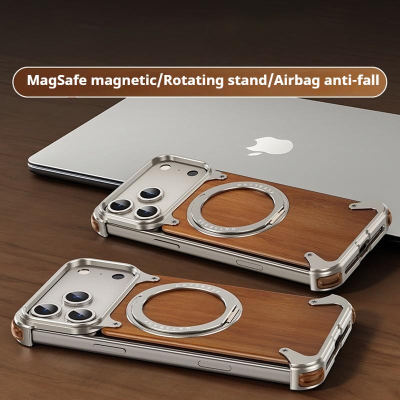 Ранний Магнитный Деревянный Чехол для iPhone 17 Pro Max Air для Беспроводных Зарядных Устройств MagSafe Вращающаяся на 360° Подставка Алюминиевые Корпуса из Массива Дерева