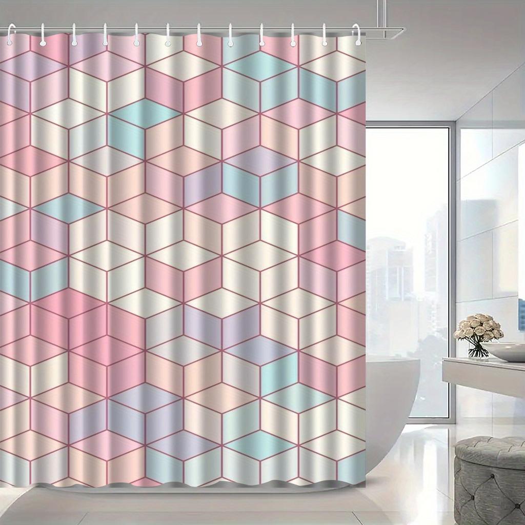 Hexagon Plaid Shower Curtain, Pastel Colors, Machine Washable Polyester with Hooks, Modern Bath Decor