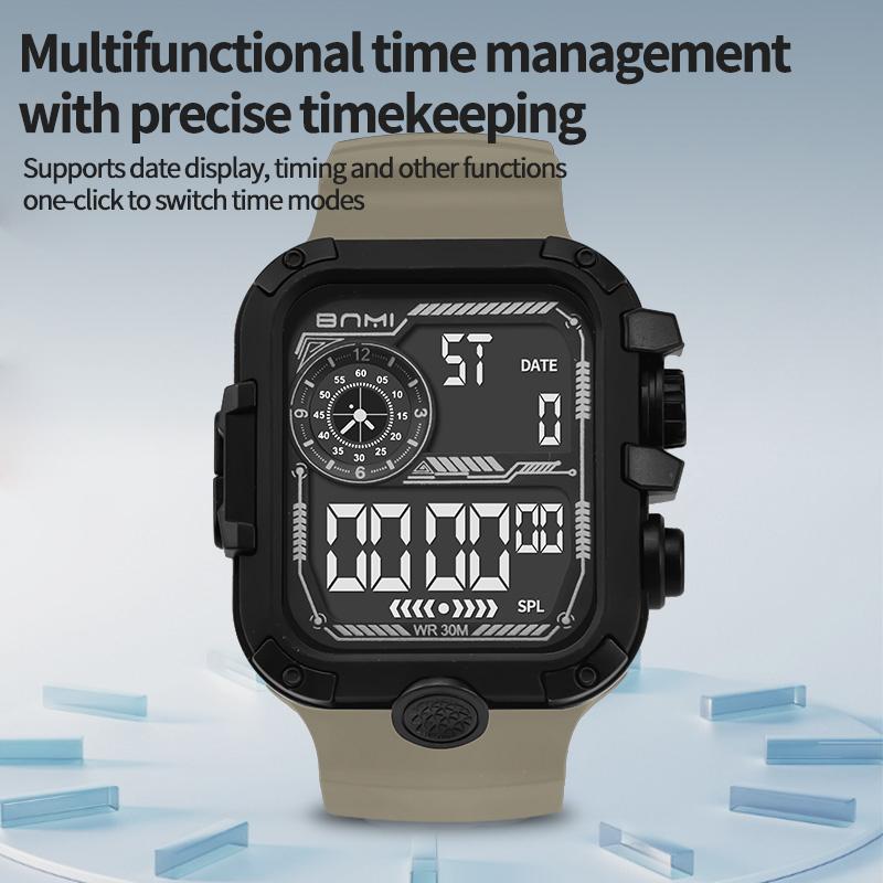 BNMI Outdoor Men's Digital Watch Luminous Date Stopwatch Waterproof Alarm Square Silicone Sports Electronic Man Watches Student