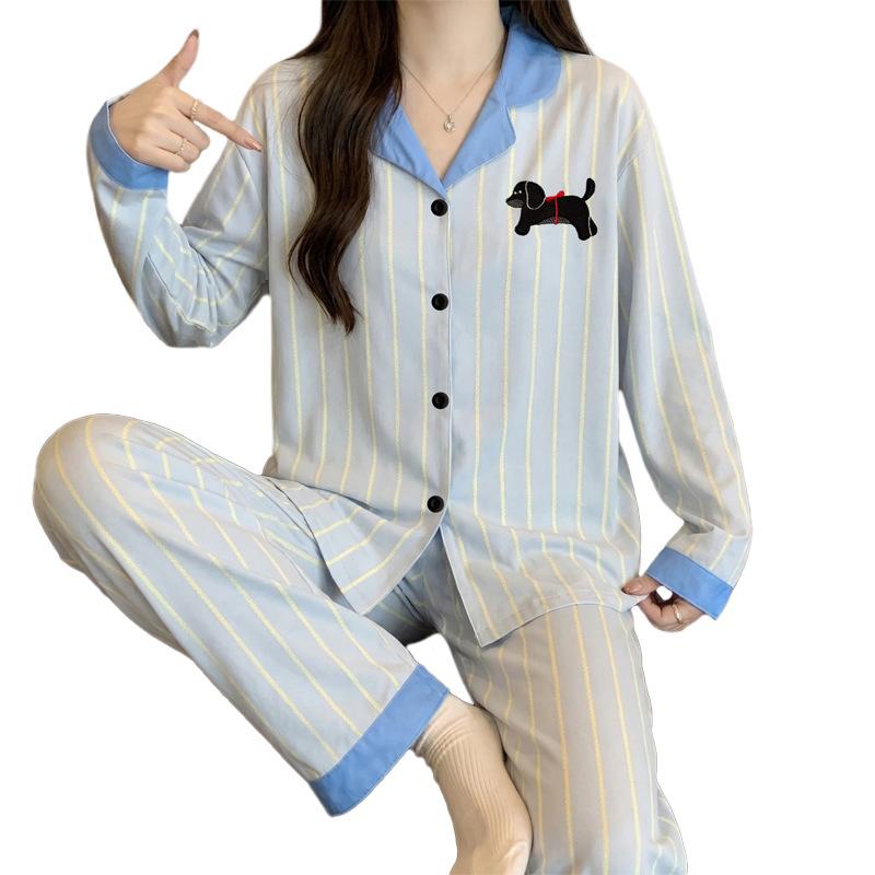 High-value simple striped puppy ins imitation cotton lapel cardigan spring new long-sleeved pajamas women's suit