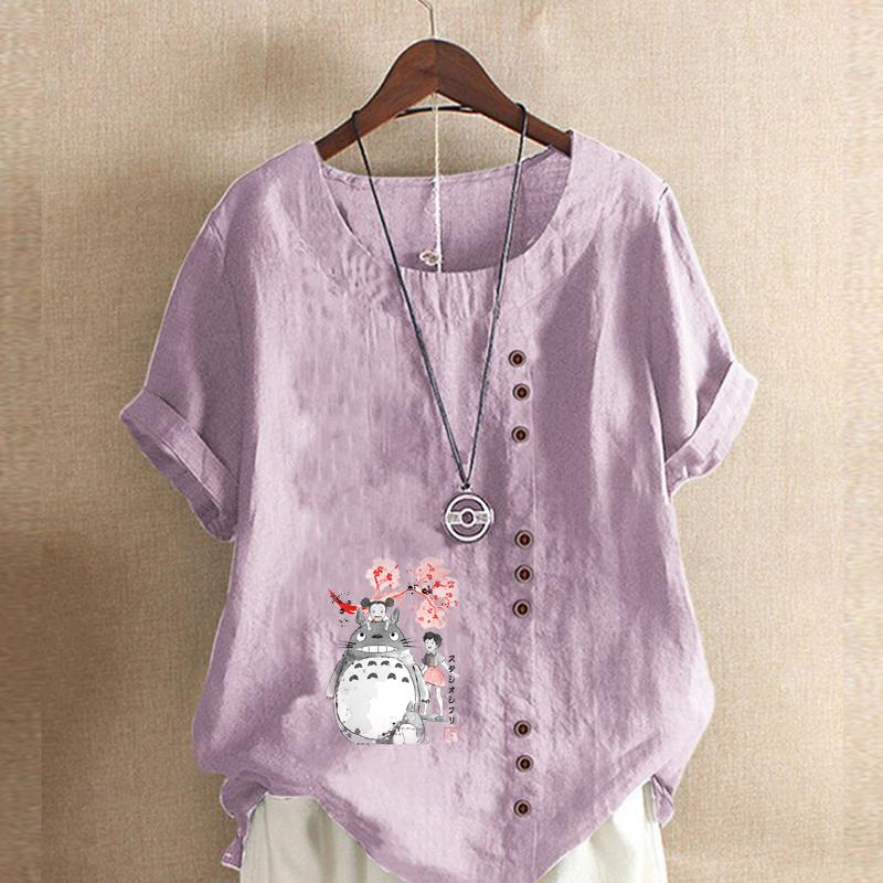 Женская мода, футболка с коротким рукавом и круглым вырезом, повседневная хлопково-льняная рубашка с рисунком, свободная летняя блузка с героями мультфильмов для отдыха, топы