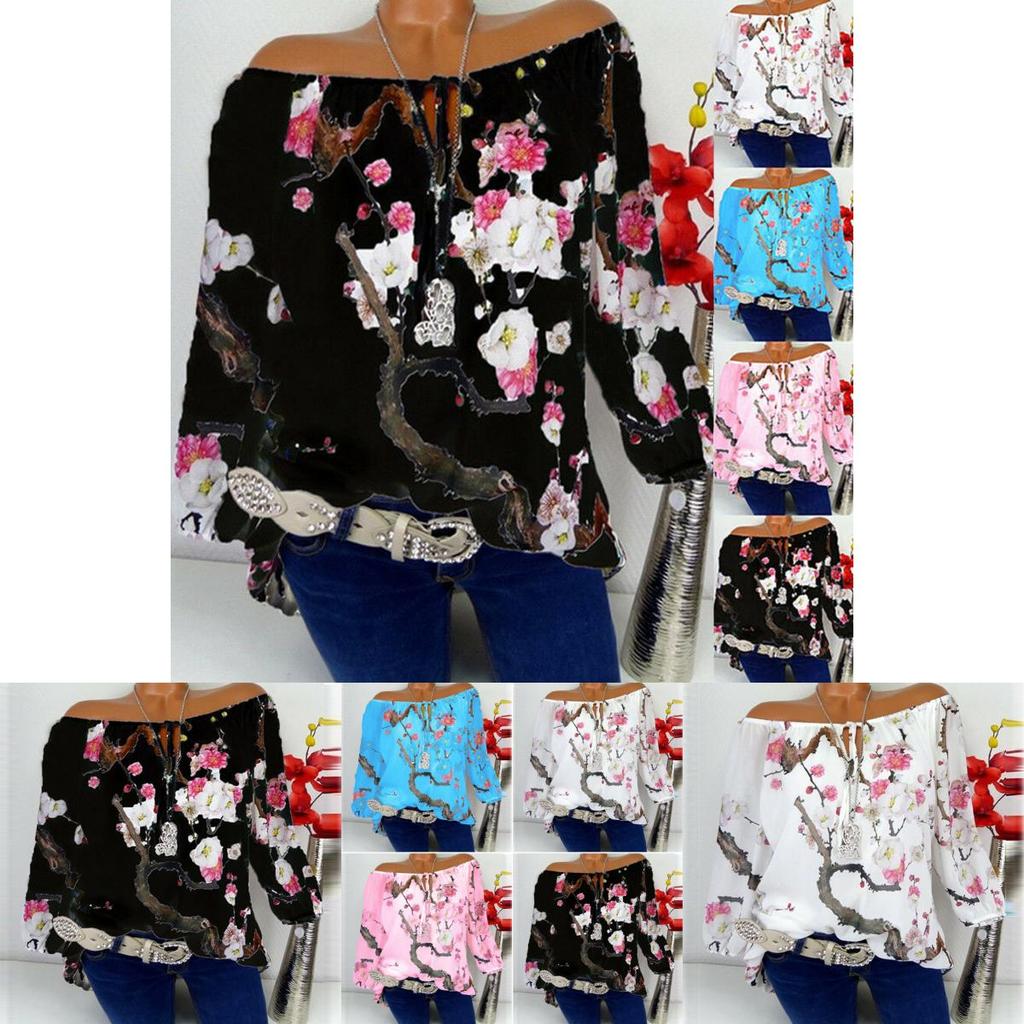Off Women Shoulder Floral Tops Ladies Summer Loose T Shirt Blouse Size Plus