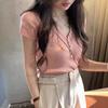 Women's Summer Pink V-neck Short-Sleeve Knit Top - Slimming, Stylish, and Trendy Design