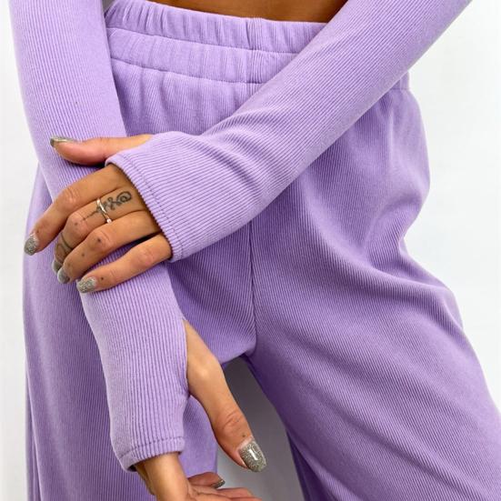 Женский комплект для отдыха из 2 предметов: кроп-топ с длинным рукавом и широкие брюки. Осенний костюм с круглым вырезом. Повседневные наряды