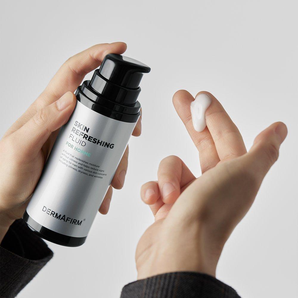 DERMAFIRM Освежающий флюид для кожи для мужчин 120 г (Подарок: Тонизирующая сыворотка 1 мл*2 + 2 восстанавливающих 4-рядных пакетика)