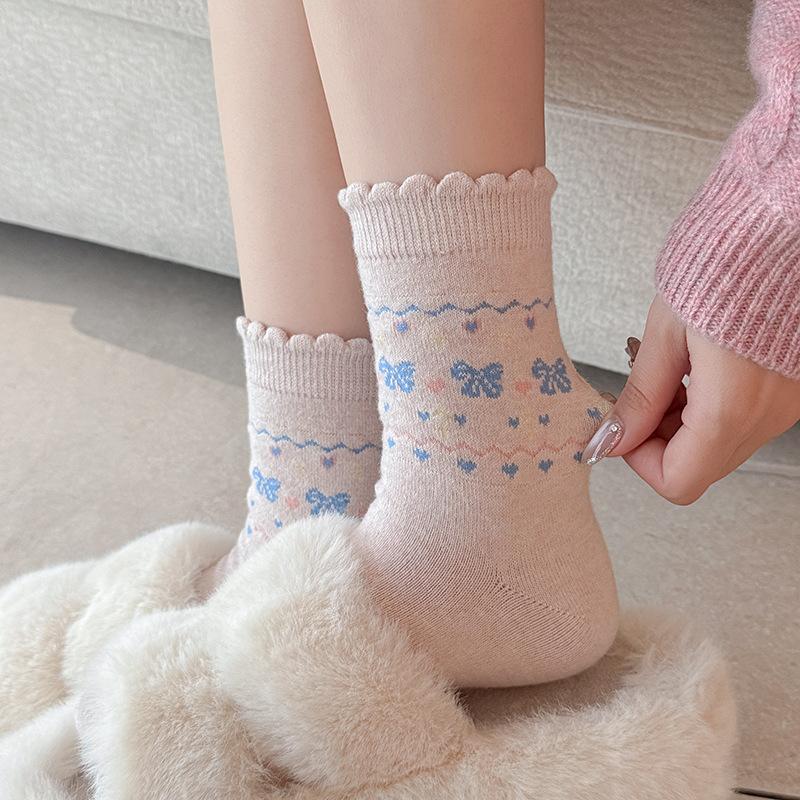 Mid-calf Socks for Autumn and Winter, Women's Bow-trimmed Warm Cloud Fleece Socks, Pile Socks