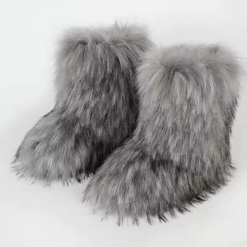 Winter Women Fluffy Faux Fox Fur Short Boots Comfortable Plush Warm Snow Luxury Girls Furry Fashion Footwear