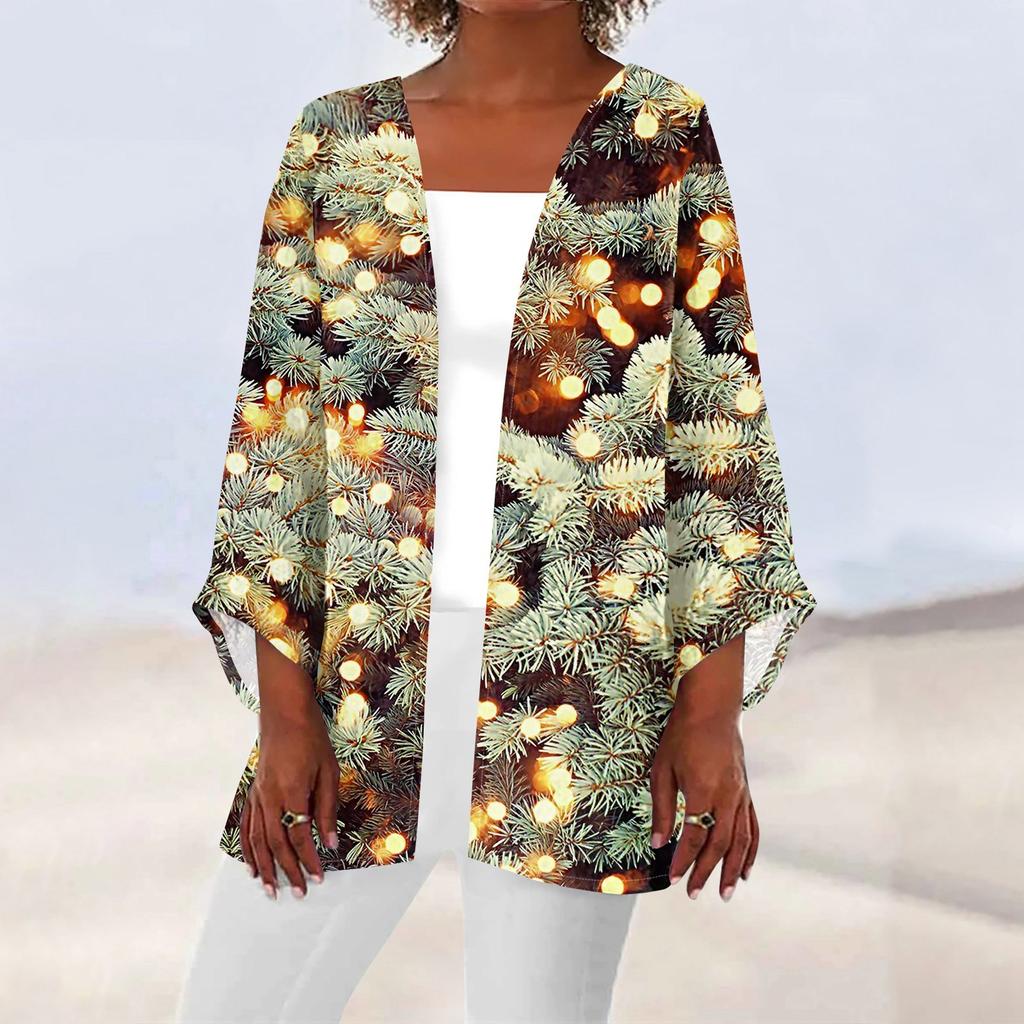 Женская повседневная мода Caot с рождественским принтом Легкая куртка средней длины Кардиган