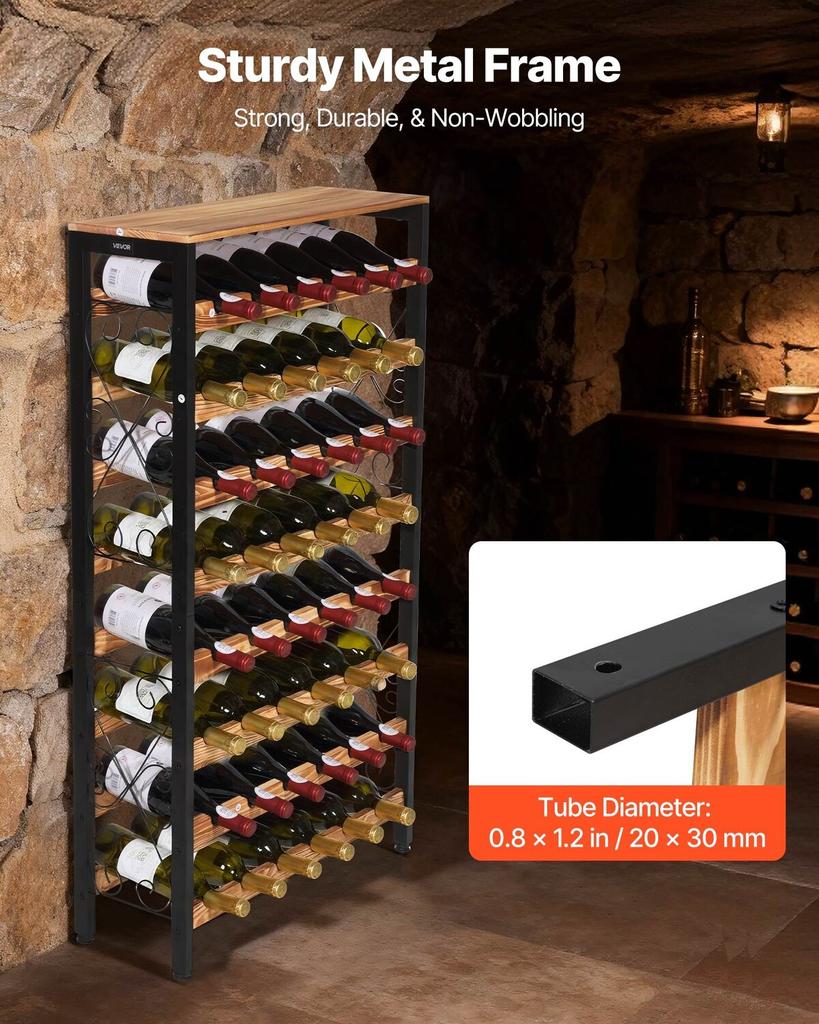 48 Bottle Wine Rack,8-Tier Iron Wine Bottle Holder With Wood Table Top,Freestanding Floor Display Wine Storage Shelves,For Kitchen Pantry, Cellar,