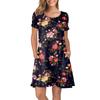 Women Summer Short Sleeve Flower Printed Pockets Sundress Casual Swing Dress
