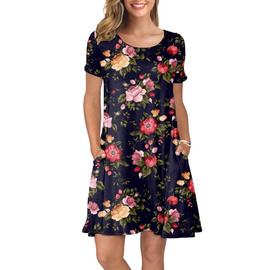 Women Summer Short Sleeve Flower Printed Pockets Sundress Casual Swing Dress
