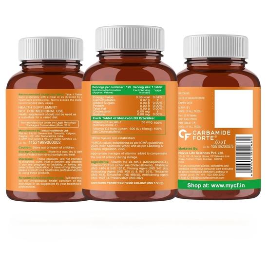 Carbamide Forte Витамин D3 K2 | Добавка витамина D3 K2 для здоровья костей и сердца | Таблетки витамина D с витамином K2 MK7-120 Вегетарианские таблетки