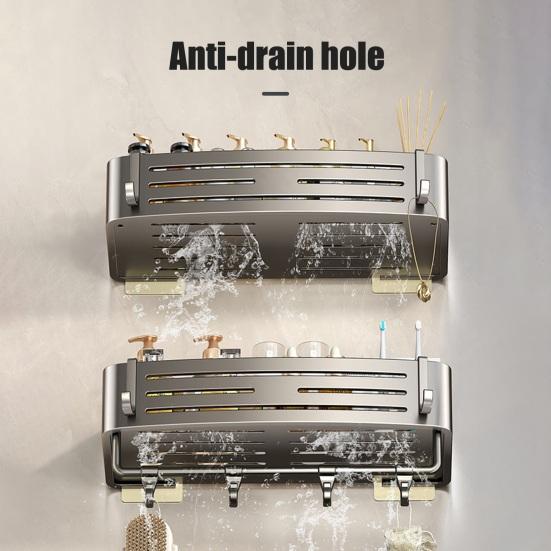Bathroom Shelf Towel Rack Strong Load-bearing Drainage Hole Design Self Adhesive No Drilling Easy To Install Storage Rack Shower Organizer