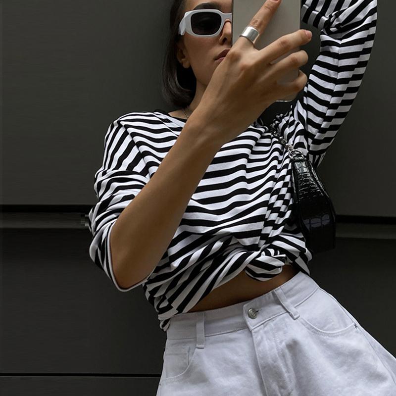 Женская полосатая футболка Hirsionsan с длинными рукавами, весна-лето 2023, большие футболки из 100% хлопка, женские повседневные шикарные футболки, топы для девочек