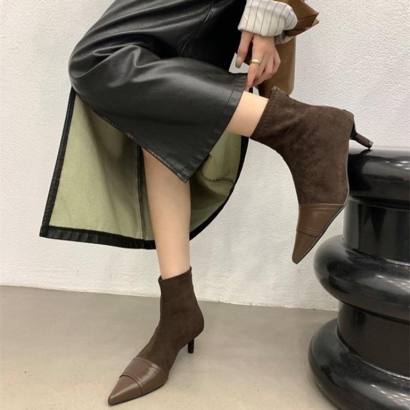 High Heeled Booties Women Autumn Winter New Pointed Toe Spliced Rear Zipper Slim Heel Stretch Skinny Single Boots