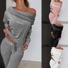Women's Plus Size Homewear Suit Solid Color Casual Long-sleeved Top Long Pants Two-piece Set