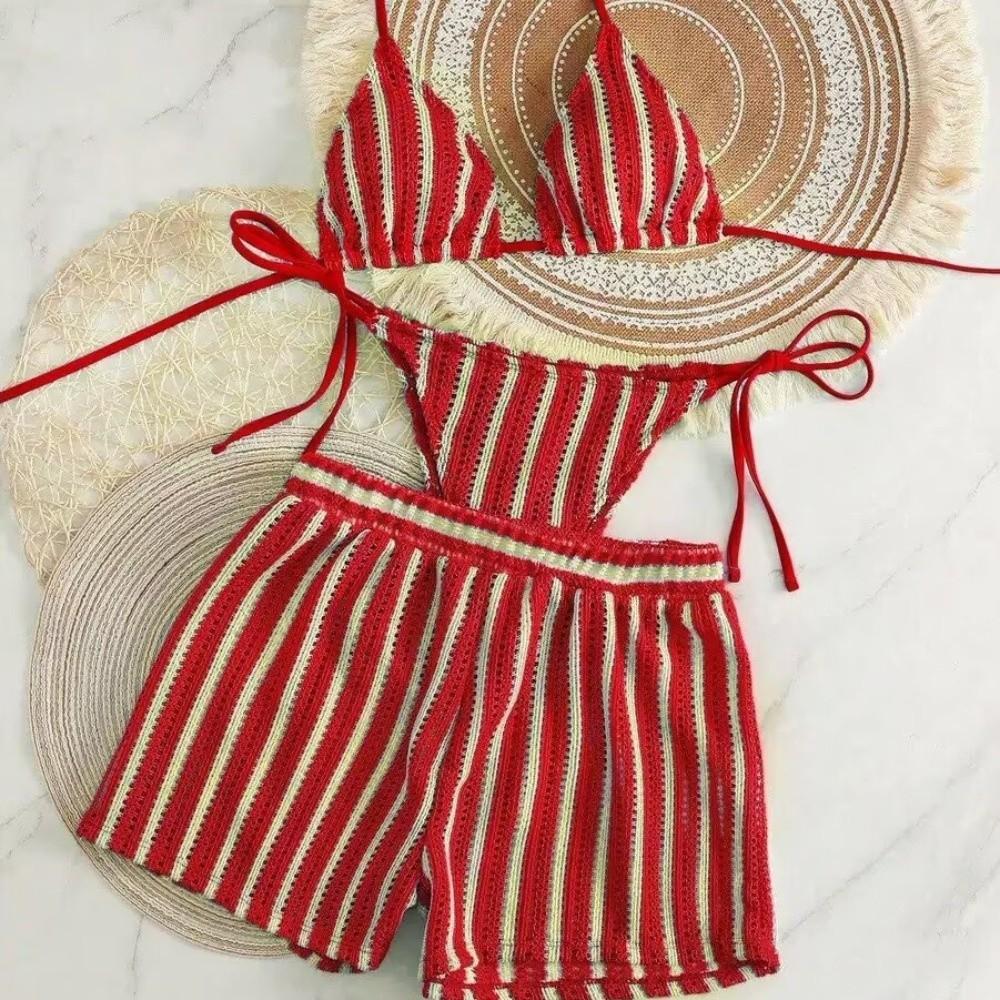 Sleeveless 3 in 1 Swimwear Set Lace Up Knitting Swimsuit Casual Bikini Bathing Suit Swimming Pool