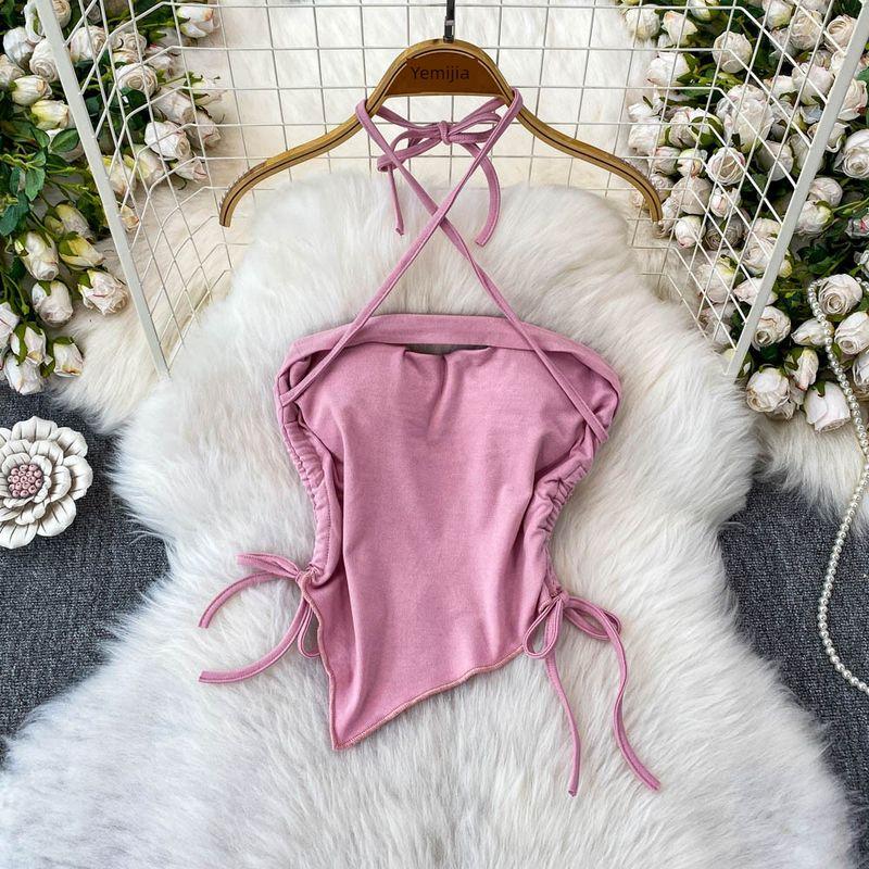 Gyaru Sexy Shoulder Strap Chest Pad Halter Top Women Summer Drawstring Slim Fit Slimming Irregular Short Top