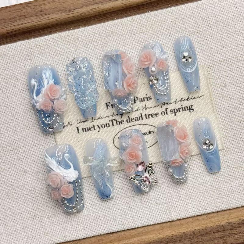 Light Blue Swan 2026 Handmade Press-On Nails Medium Length Luxury Wearable Tips Women Girls