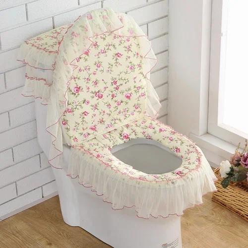 Декор из кружевной ткани с принтом Коврик для унитаза из трех частей Большая юбка Подол Чехол на сиденье для унитаза с молнией Пылезащитный чехол для унитаза