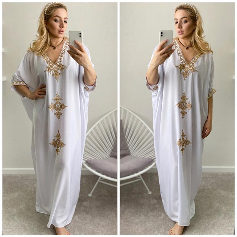 2022 элегантное золотое вышитое кафтан в стиле ретро с v-образным вырезом белое платье больших размеров женская одежда летняя пляжная одежда купальный костюм накидка