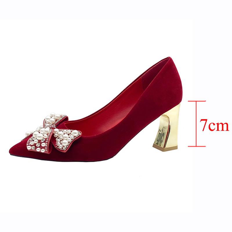Rimocy Elegant Ladies Red Silk Wedding Bride Shoes Pearl Bowknot Pointed Toe Pumps Women Sexy Party Dress High Heels Shoes Woman