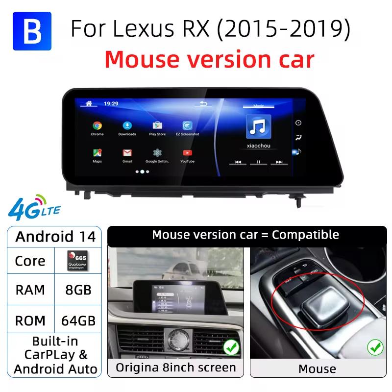 Автомагнитола на Android 14 для Lexus RX RX200t Rx300 Rx350 Rx450h RX400h 2015-2019 Snapdragon 665 GPS Мультимедийный плеер CarPlay Экран XN0