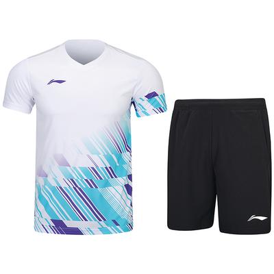 Футболка Li Ning Badminton Series с принтом V-образным вырезом, дышащая, универсальная, с коротким рукавом и шортами средней посадки, повседневный спортивный комплект унисекс, спортивный комплект AATU053-2
