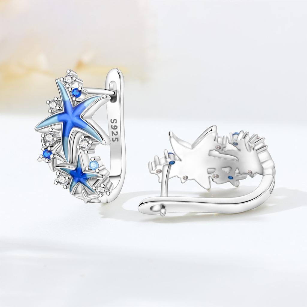 Orstarry S925 Silver Earrings Exquisite Marine Life Blue Starfish Dolphin Mermaid Tail Earrings For Women Birthday Gift