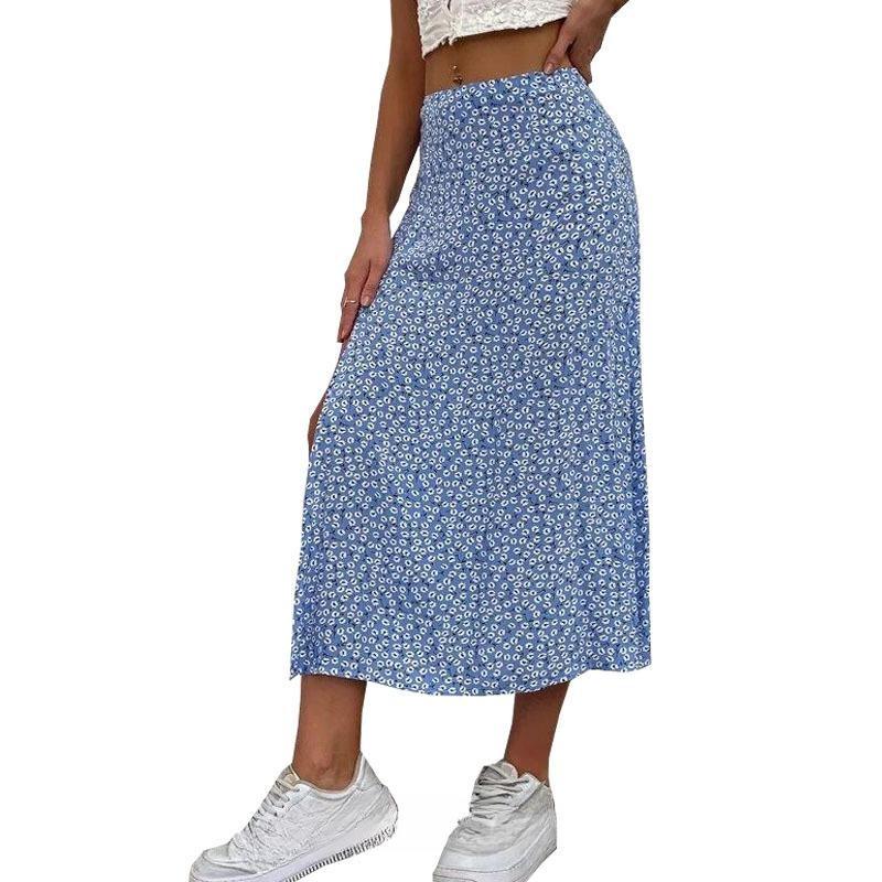 Summer Floral Half-body Skirt,Split A-line Package Hip Long Skirt