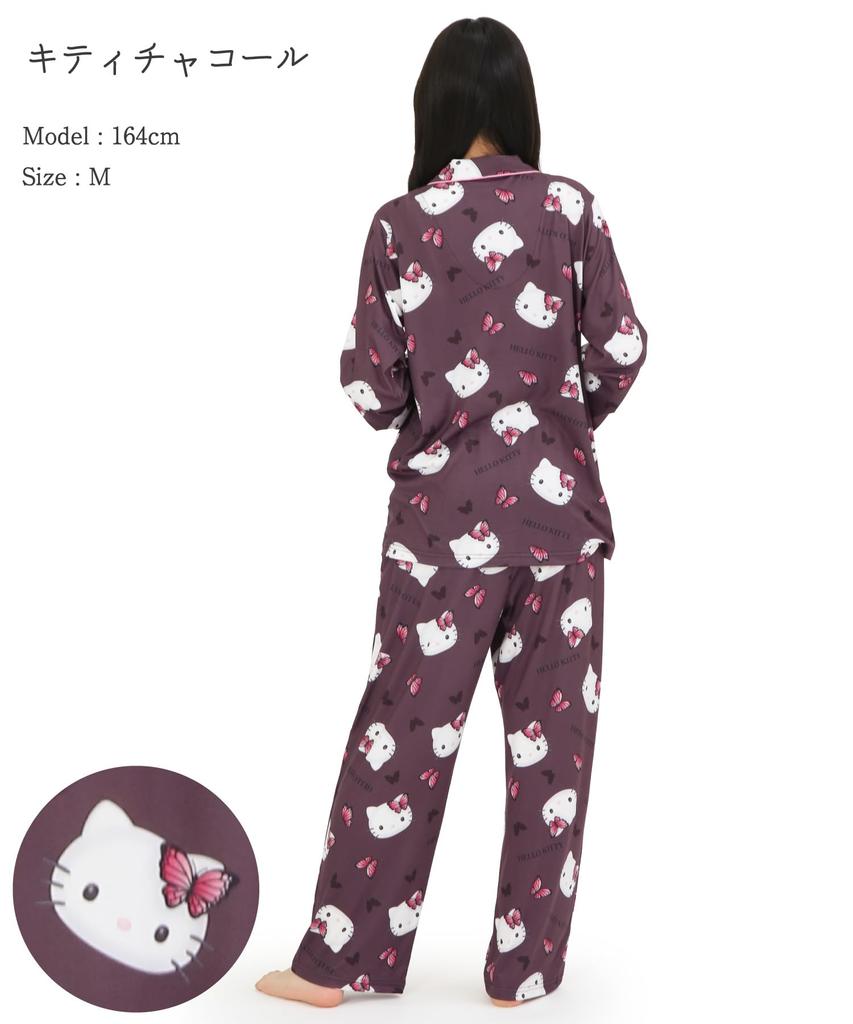 Пижама-рубашка Hello Kitty Пудра Стрейч Длинный рукав Длинные брюки Комплект верх и низ Домашняя одежда [SAZAC] Женская (Угольно-серый/M/SAN1906)