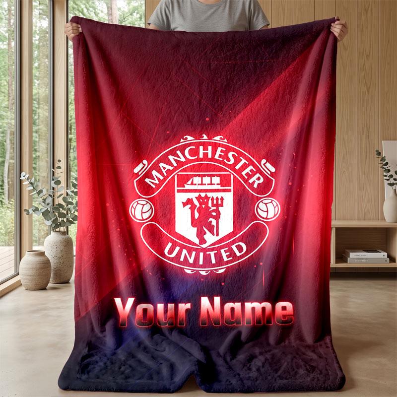 Manchester United Custom Name Text Flannel Blanket Soccer Logo Personalized Fleece Throw Blanket Special Gift For Sofa Bedroom Home