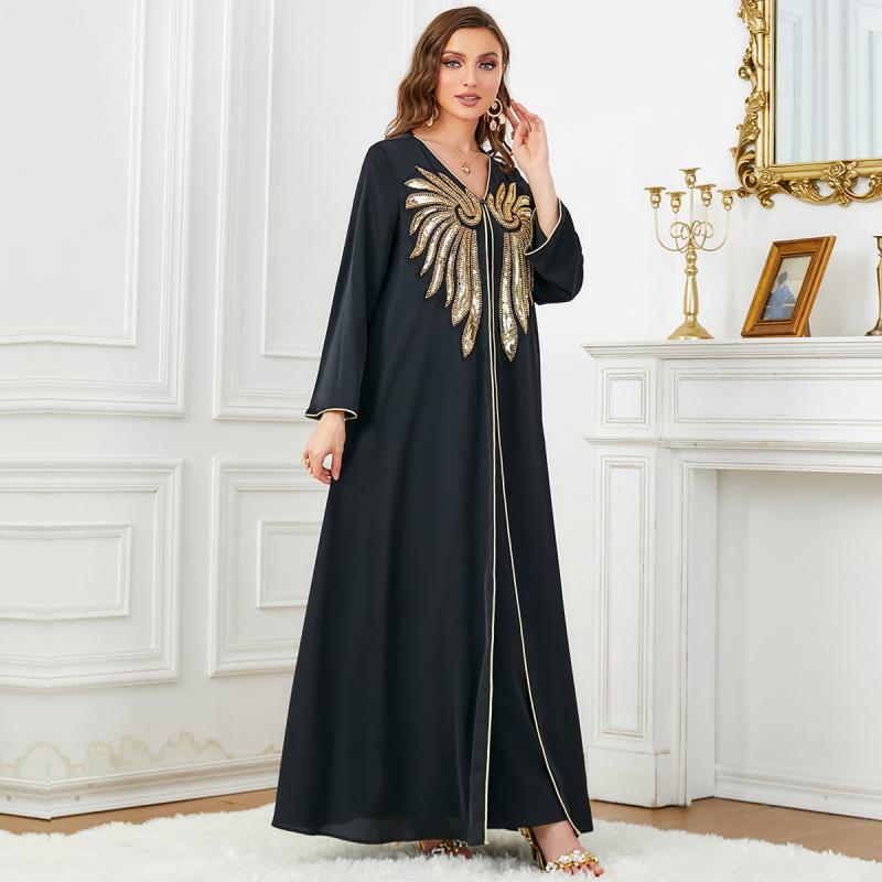 Middle East Muslim Gold Sequin Beaded Applique Two Piece Set Dubai Arab New Women's Dress