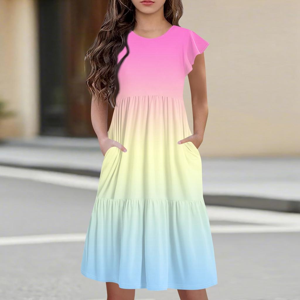 Детская юбка с круглым вырезом, плиссированная, с коротким рукавом, юбка принцессы, модное повседневное платье с карманами для девочек