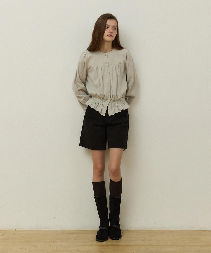 ADAUL Jacquard Shirring Lace Stripe Blouse - Ash Khaki
