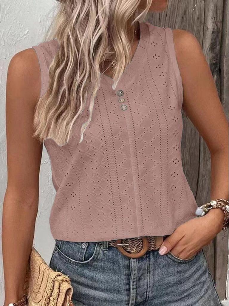 New European and American 2023 Summer Women's Solid Color Casual Round Neck Buttoned Vest T-shirt.