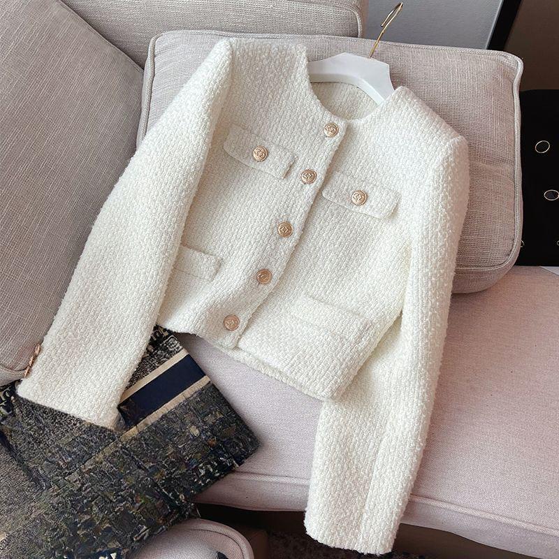 Весенне-осенний женский шикарный твидовый пиджак в корейском стиле с коротким шерстяным топом
