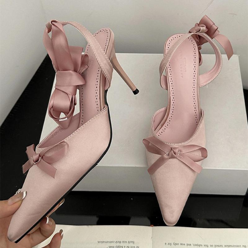 Мода Мода Бант Сатин Ремешок на щиколотке Женские туфли-лодочки Элегантный Острый носок Шпилька Высокие каблуки Женские Слингбэки Свадебные Выпускные туфли