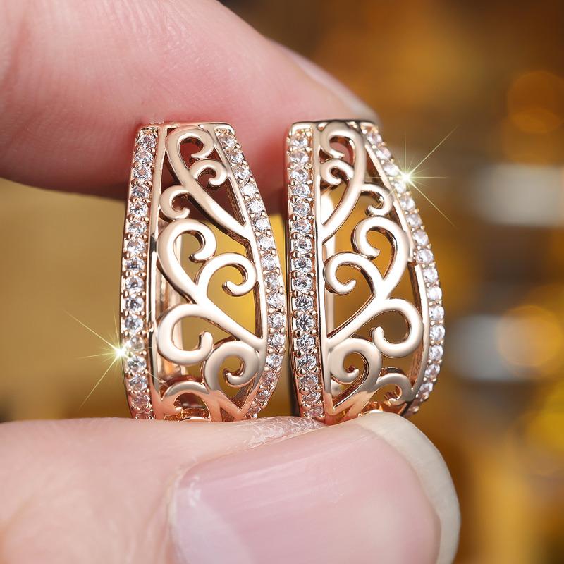 Luxury Gold Color Ethnic Hollow Flowers Drop Earrings for Women White Zircon Wedding Jewelry