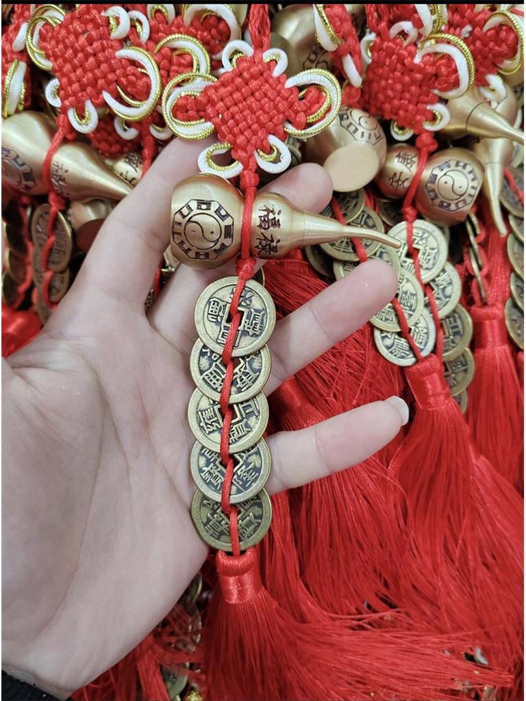 Подвеска из чистой меди «Пять императорских монет и тыква Багуа» для удачи, здоровья и благословения фэн-шуй (7см)