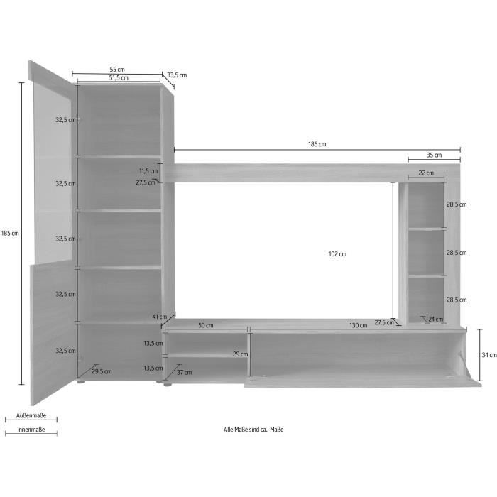Ensemble meuble TV 3 pièces LOGO - 1 Porte - LED - Mélamine chêne clair et blanc mat - L240 x P41 x H185 cm - TRENDTEAM