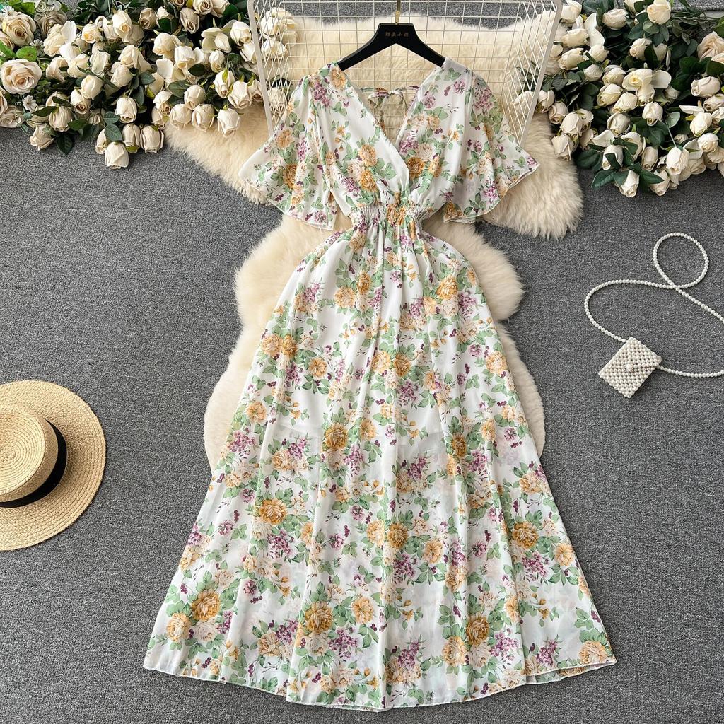 Морское праздничное шифоновое платье с принтом, женское летнее новое обтягивающее талии с v-образным вырезом средней длины, большая распашная юбка, модная