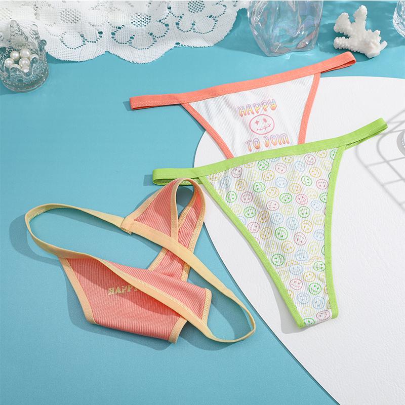 FINETOO 3Pcs/Set Cotton Female Sexy Fashion G-String Panties Low Waist Panties Women Strap T-back Underwear Prints Lingerie S-XL