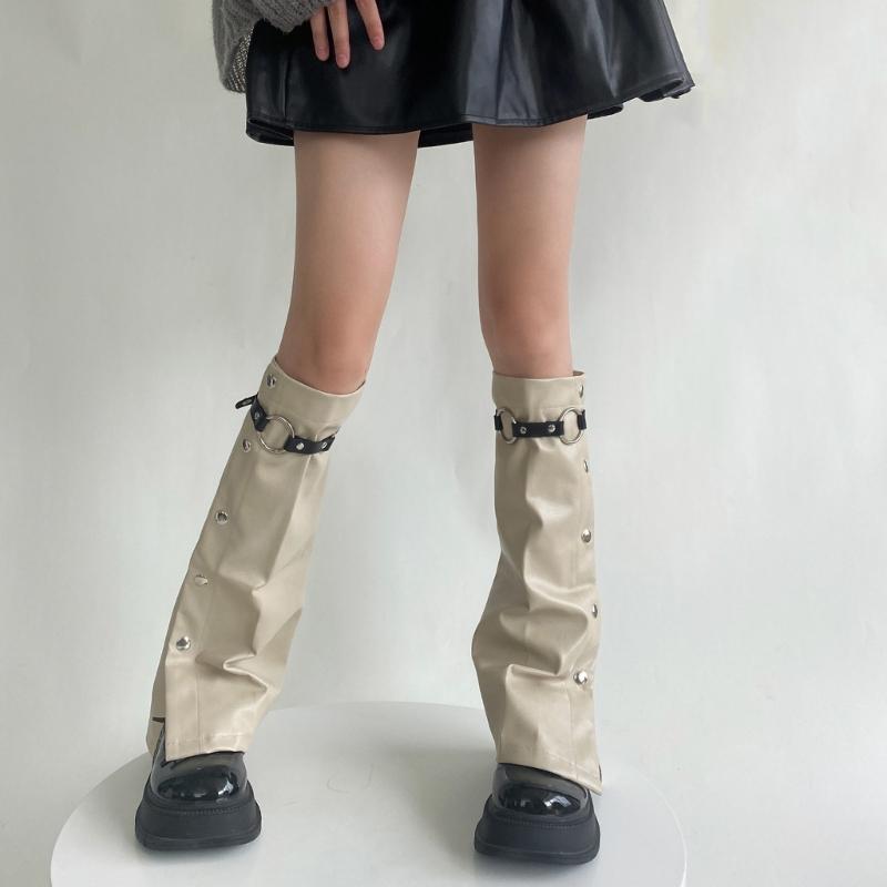Женские грелки на ноги Harajuku с пряжкой из кожи, с панковскими боковыми пуговицами, широкие, расклешенные, для ботинок, длинные носки на икры, уличная одежда