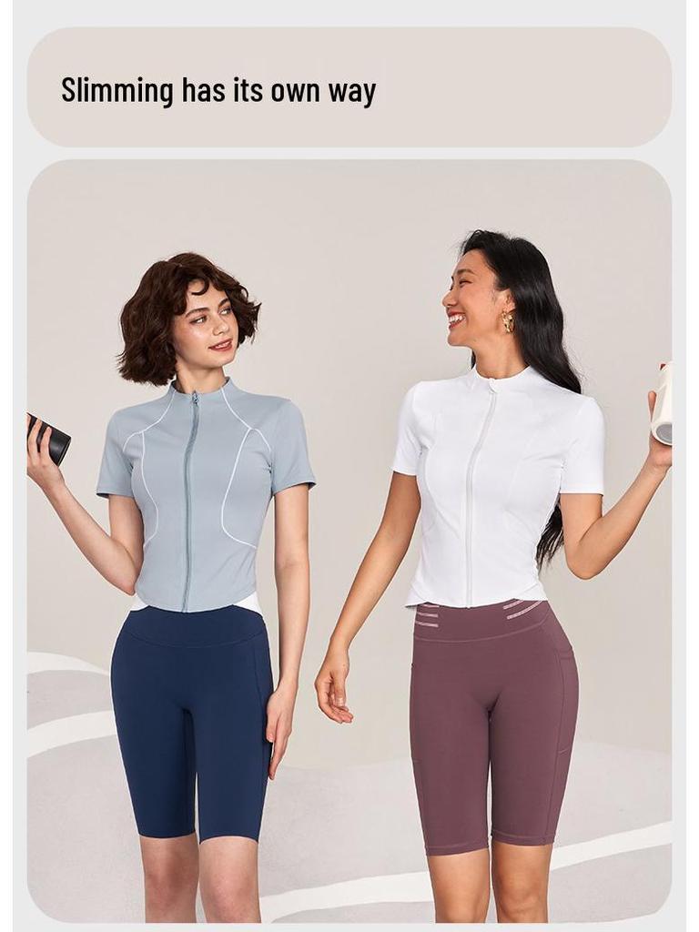 Женский спортивный топ с коротким рукавом, быстросохнущий: Куртка на молнии приталенного кроя для велоспорта, йоги, бега для летнего фитнеса