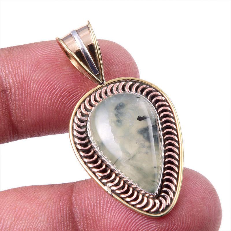 Natural Prehnite Gemstone 925 Solid Sterling Silver Two Tone Pendant 1.50" D9t25