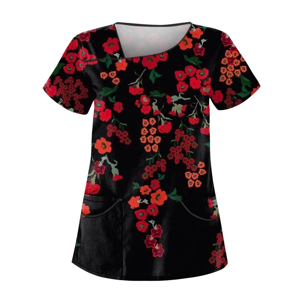 Женская повседневная рабочая одежда с короткими рукавами и принтом, топ с двойным карманом