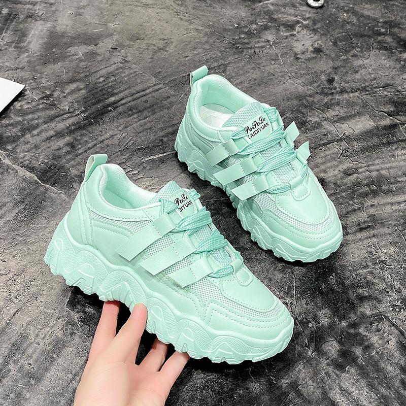 Спортивная обувь на толстой платформе, женская мода, кроссовки из искусственной кожи со шнуровкой и сетчатой платформой, женские кроссовки Harajuku Korean 2024 года