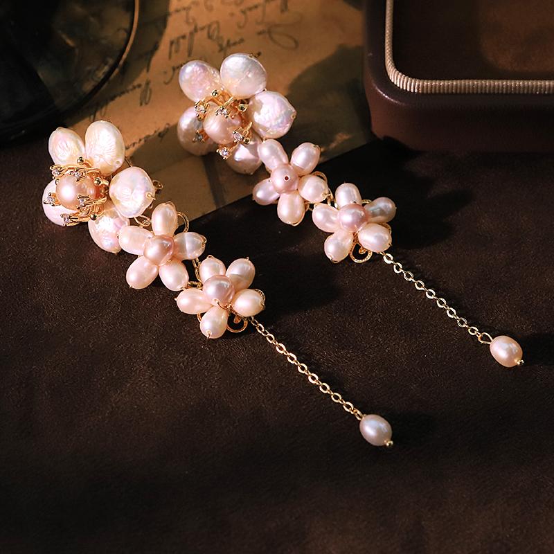 Natural Freshwater Pearl Flower Chain Earrings Handmade Design Luxurious Earrings for Banquet Wedding Women's Jewelry GE1811